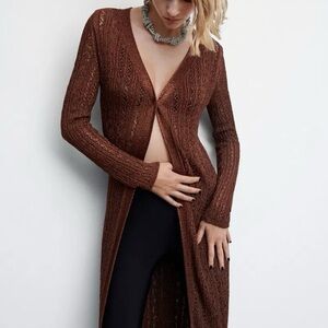 Mango Openwork Knit Long cardigan Copper SZ S /NWT